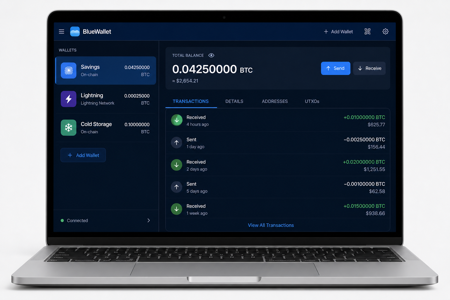 BlueWallet desktop application on laptop